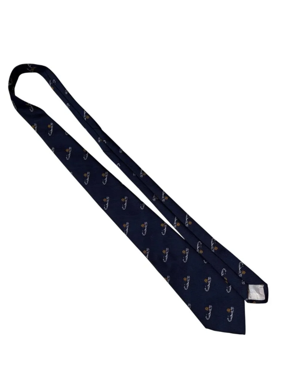 VTG Trimminghams Bermuda Mens Nautical Tie Navy Blue Embroidered Gold Ship Short